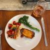 10-10-2021 Salmon tomato kalamata olive salsa with honey spicey sweet potato and steamed broccolini